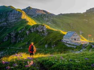 Wanderer blickt auf die Pfälzerhütte in Liechtenstein, umgeben von grüner Berglandschaft und Alpenpanorama bei Abendlicht