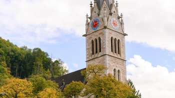 Blick auf den Turm der Kathedrale St. Florin mit Bäumen im Vordergrund
